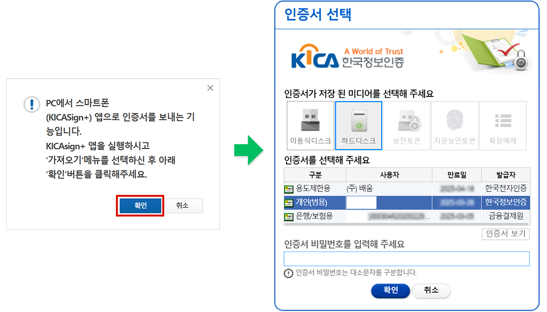 인증서 선택 후 비밀번호 입력 예시 화면