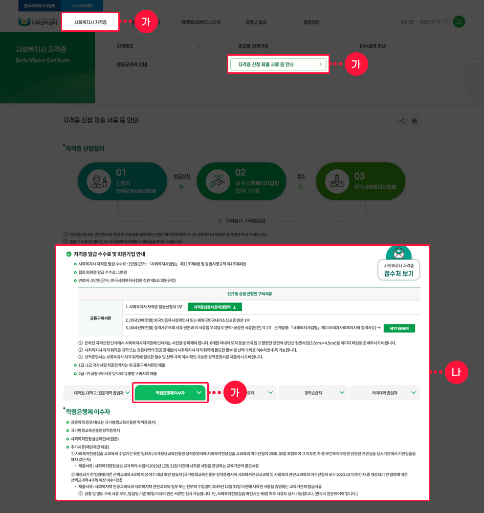 사회복지사 자격증 발급 제출서류 안내 화면 예시